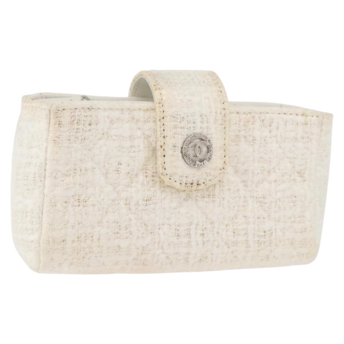 CHANEL Matelasse Pouch Coated Canvas White Silver CC Auth 180887A
