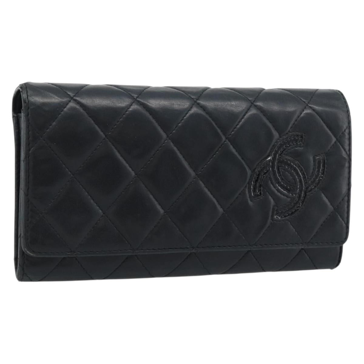 CHANEL Matelasse Long Wallet Lamb Skin Black Silver CC Auth 180932