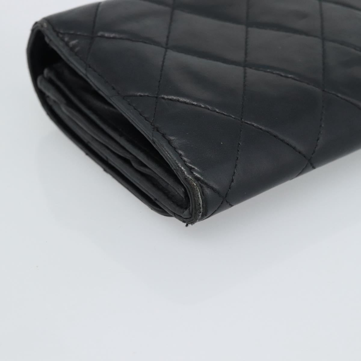 CHANEL Matelasse Long Wallet Lamb Skin Black Silver CC Auth 180932