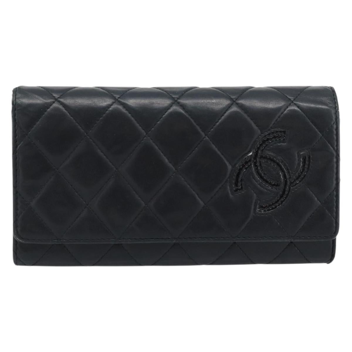 CHANEL Matelasse Long Wallet Lamb Skin Black Silver CC Auth 180932