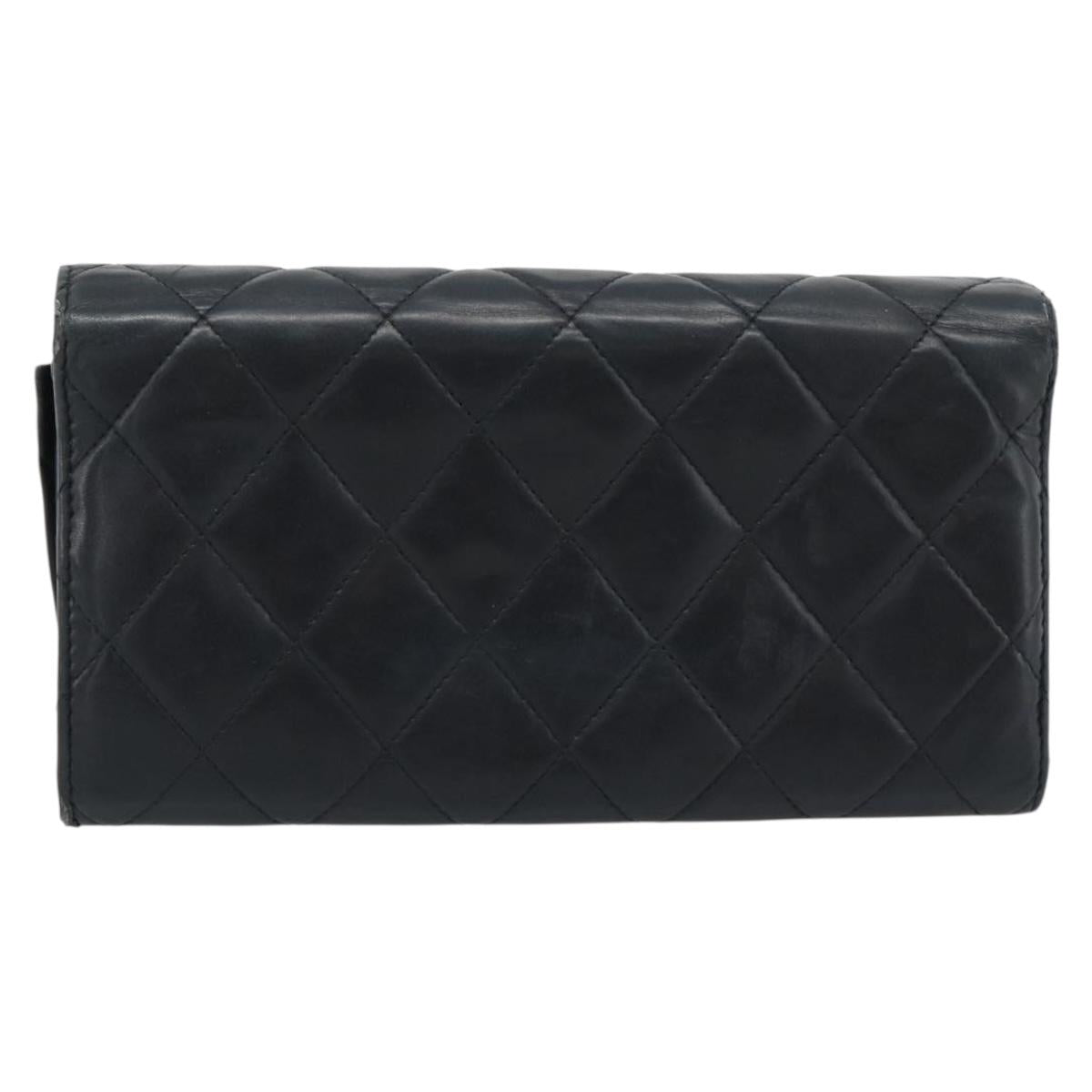 CHANEL Matelasse Long Wallet Lamb Skin Black Silver CC Auth 180932