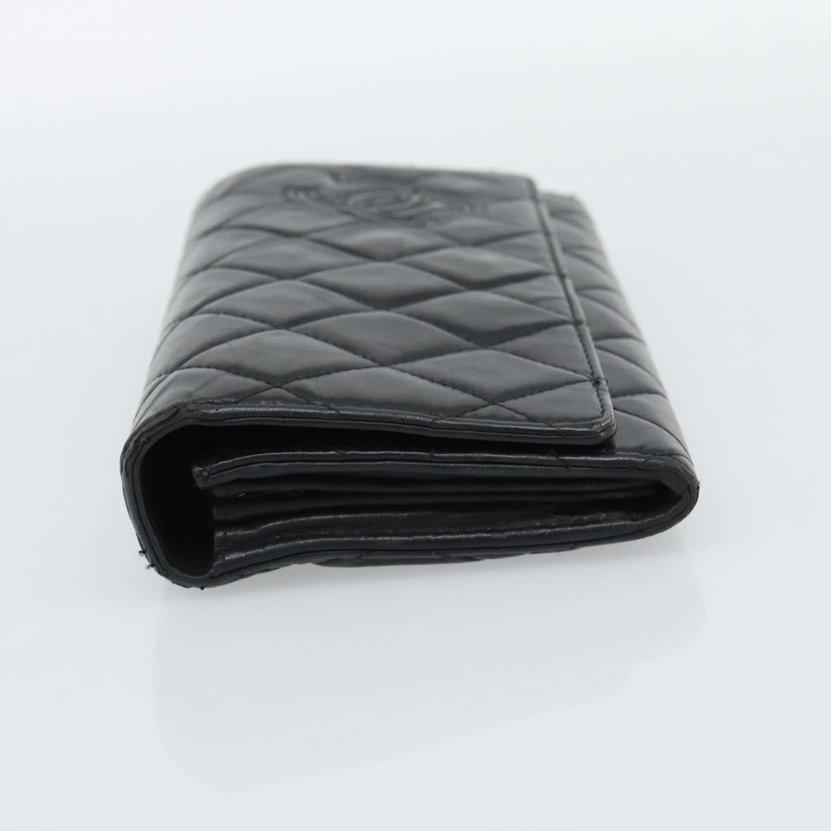 CHANEL Matelasse Long Wallet Lamb Skin Black Silver CC Auth 180932