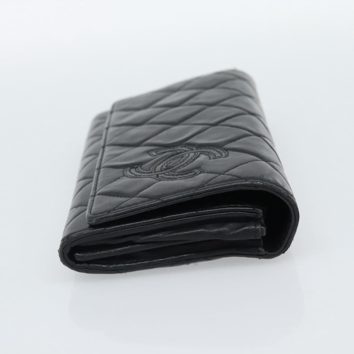 CHANEL Matelasse Long Wallet Lamb Skin Black Silver CC Auth 180932