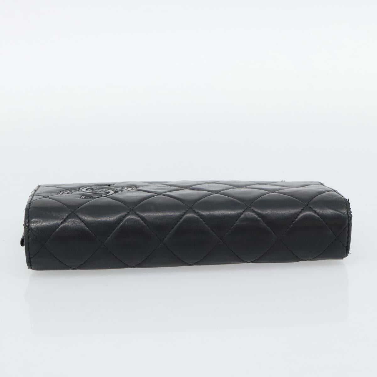 CHANEL Matelasse Long Wallet Lamb Skin Black Silver CC Auth 180932