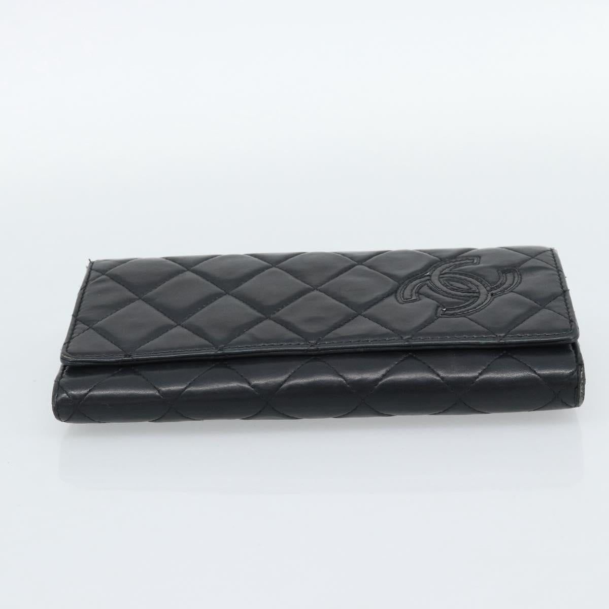 CHANEL Matelasse Long Wallet Lamb Skin Black Silver CC Auth 180932