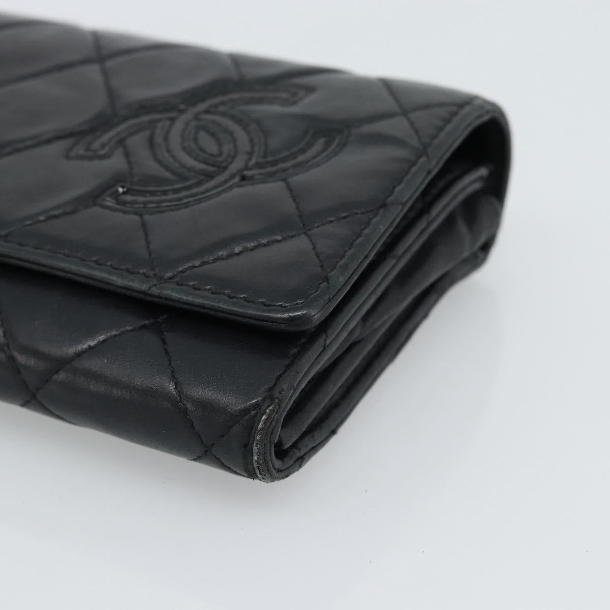 CHANEL Matelasse Long Wallet Lamb Skin Black Silver CC Auth 180932