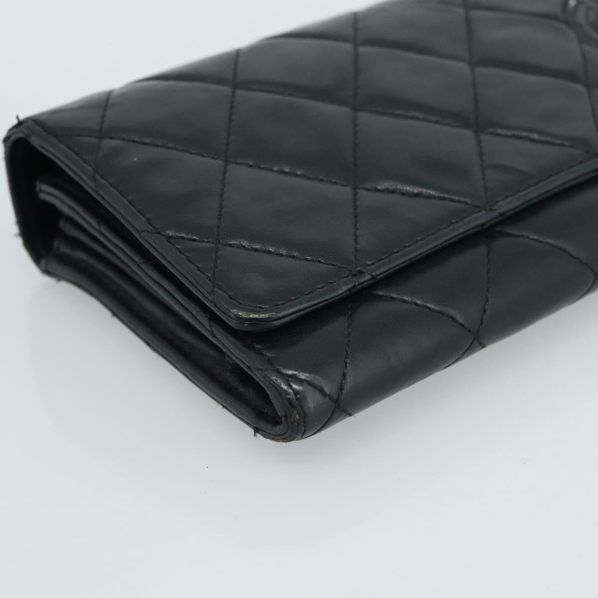 CHANEL Matelasse Long Wallet Lamb Skin Black Silver CC Auth 180932