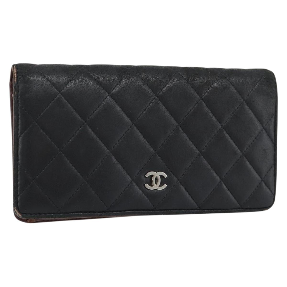 CHANEL Matelasse Long Wallet Lamb Skin Black Silver CC Auth 180933
