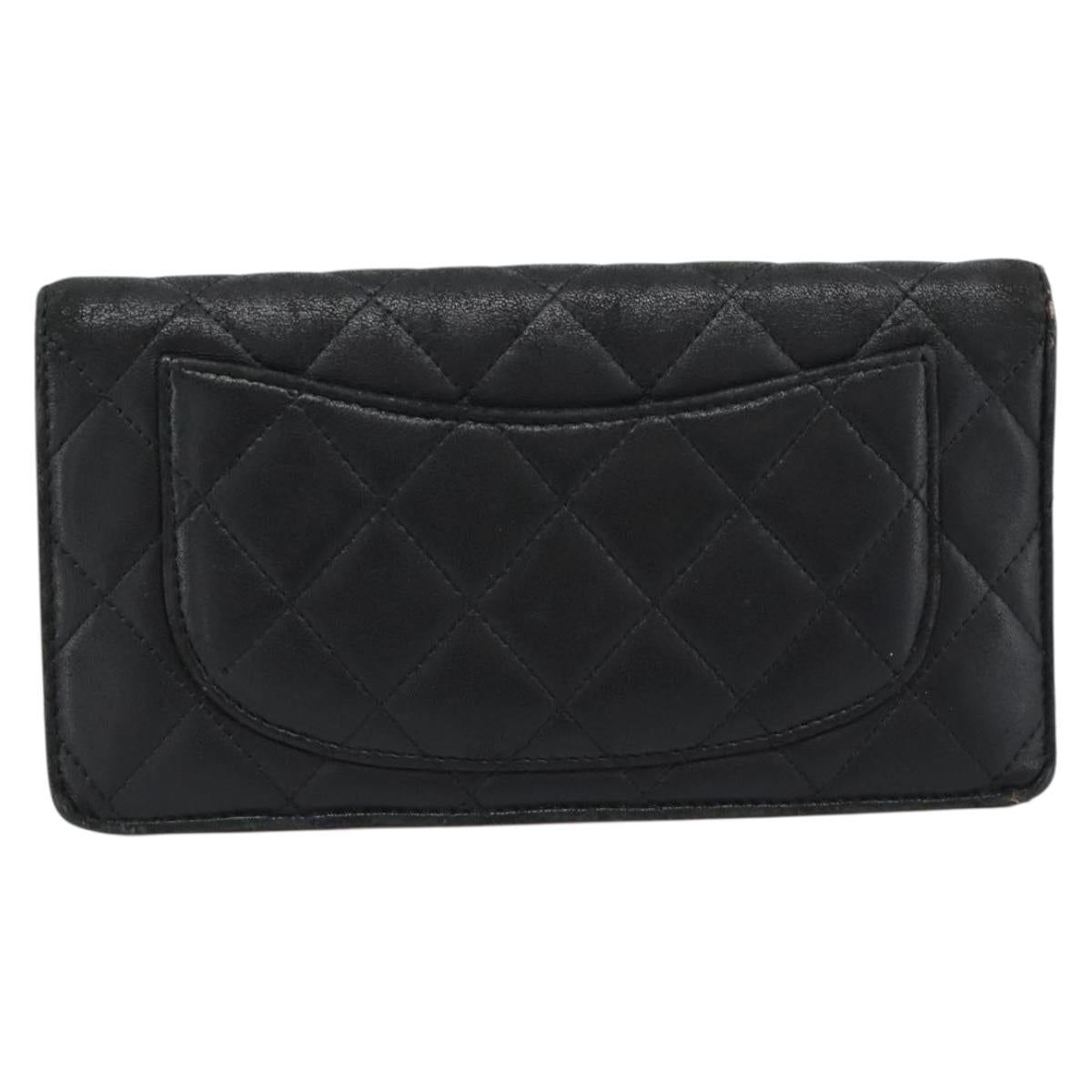 CHANEL Matelasse Long Wallet Lamb Skin Black Silver CC Auth 180933