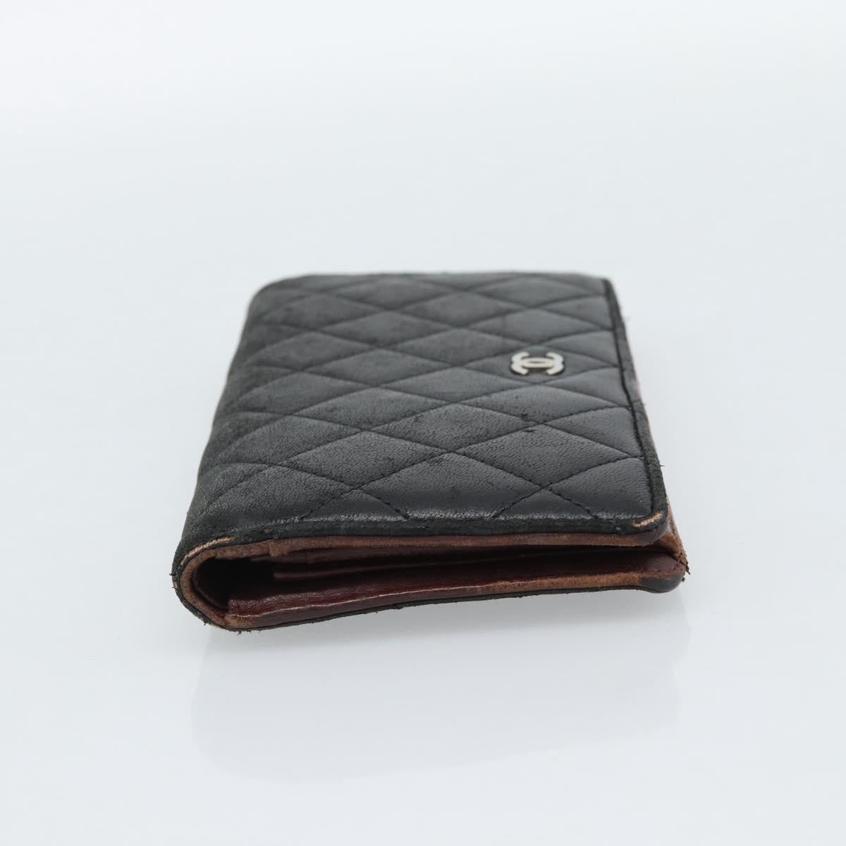 CHANEL Matelasse Long Wallet Lamb Skin Black Silver CC Auth 180933