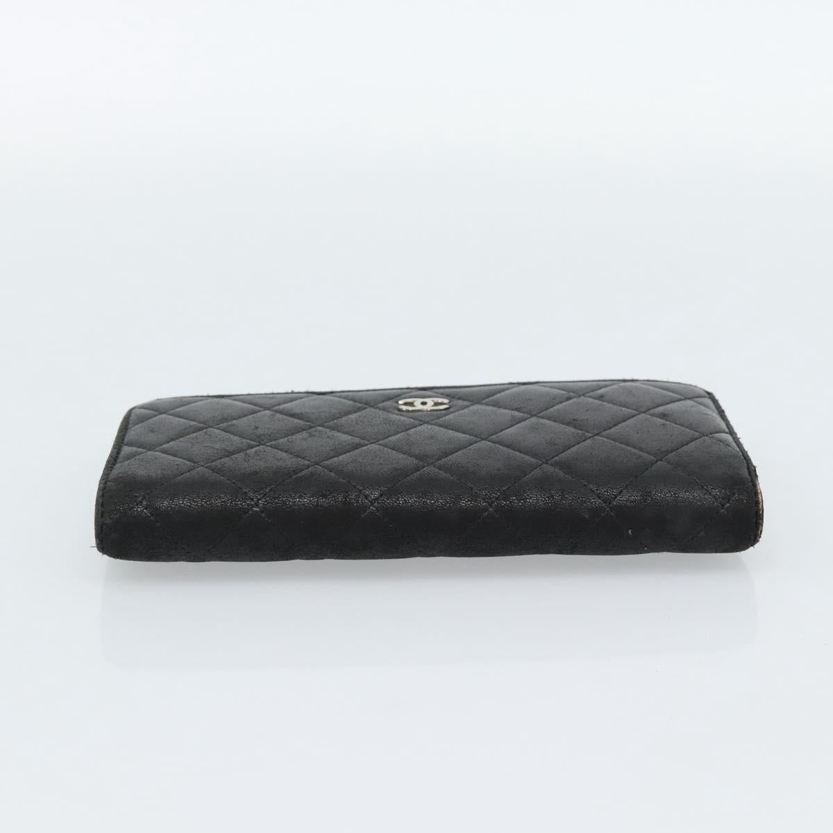 CHANEL Matelasse Long Wallet Lamb Skin Black Silver CC Auth 180933