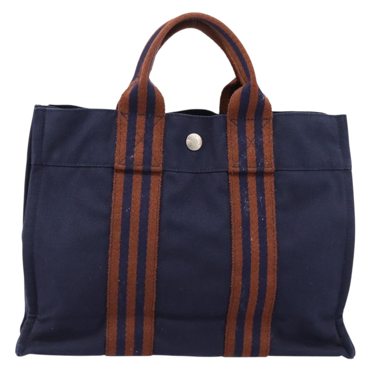 HERMES Fourre Tout PM Hand Bag Canvas Navy Silver Auth 180974