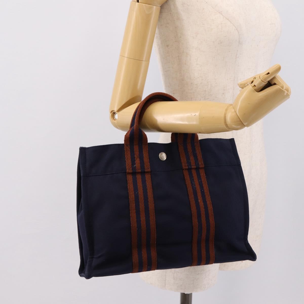 HERMES Fourre Tout PM Hand Bag Canvas Navy Silver Auth 180974