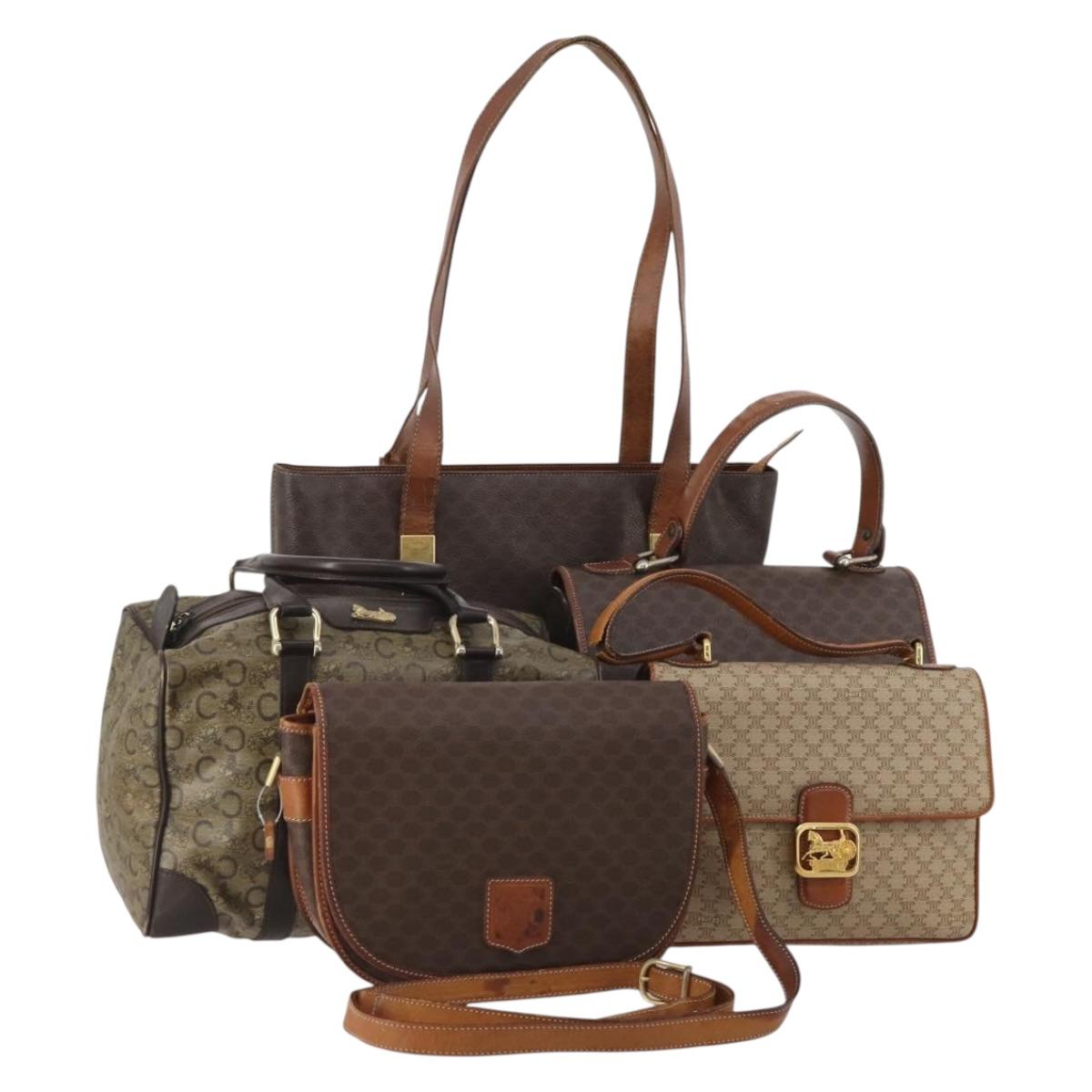 CELINE Macadam Canvas C Sulky Bag PVC Leather 5 Set Brown Beige Auth 180979