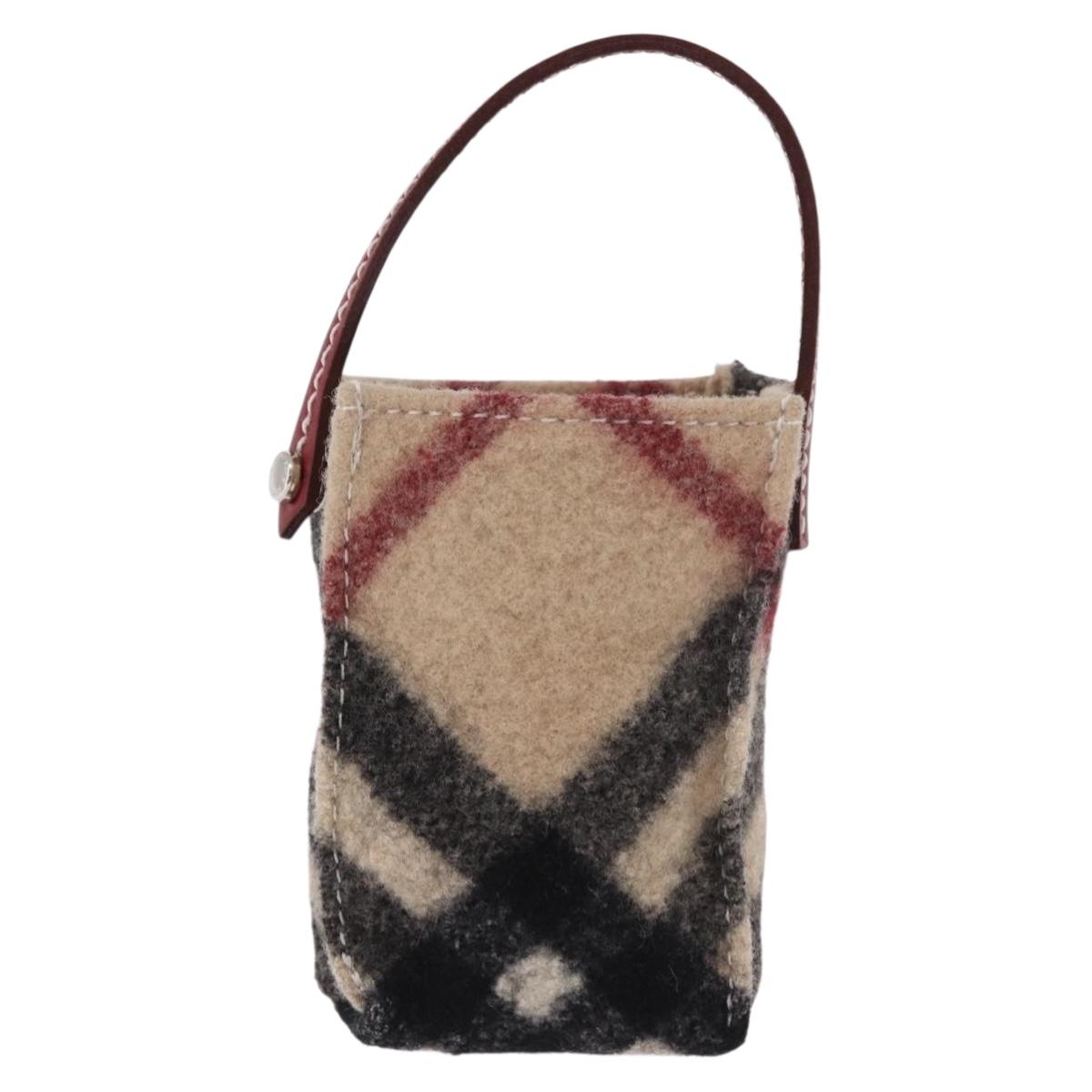 BURBERRY Nova Check Pouch Wool Beige Silver Auth 181105