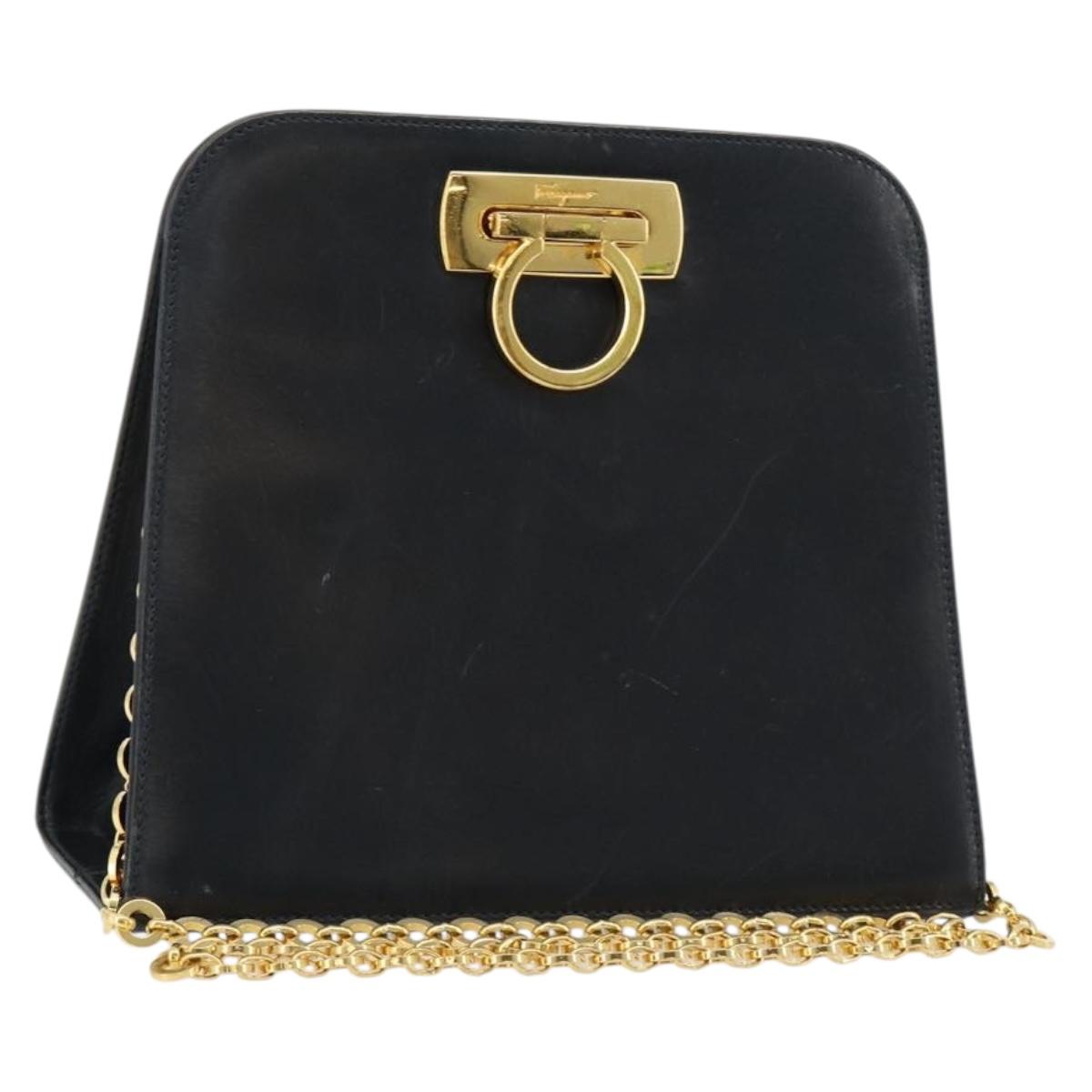 Salvatore Ferragamo Gancini Chain Shoulder Bag Leather Navy Gold Auth 181133