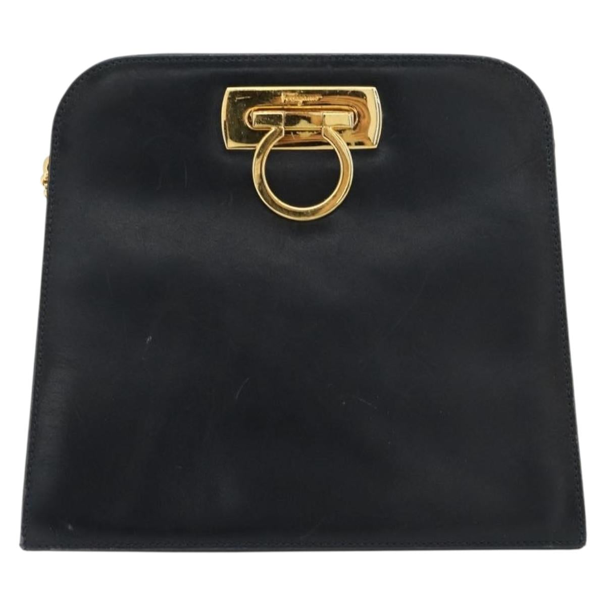 Salvatore Ferragamo Gancini Chain Shoulder Bag Leather Navy Gold Auth 181133