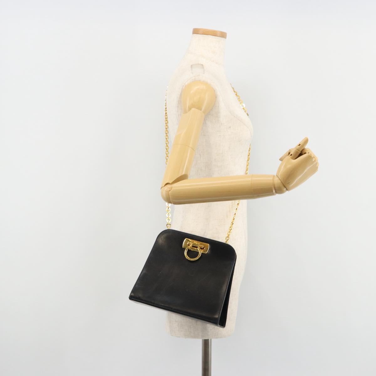 Salvatore Ferragamo Gancini Chain Shoulder Bag Leather Navy Gold Auth 181133
