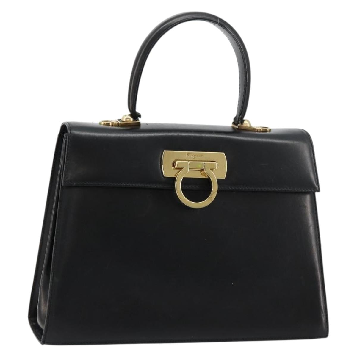 Salvatore Ferragamo Gancini Hand Bag Leather Black Gold Auth 181150