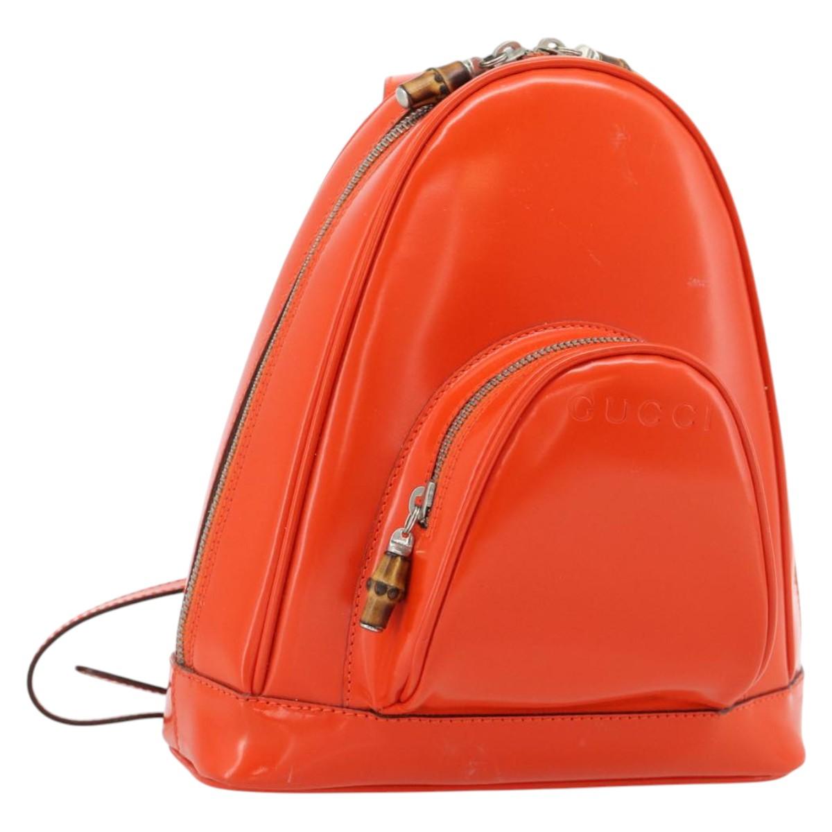 GUCCI Bamboo Shoulder Bag Patent leather Orange Silver Auth 181171