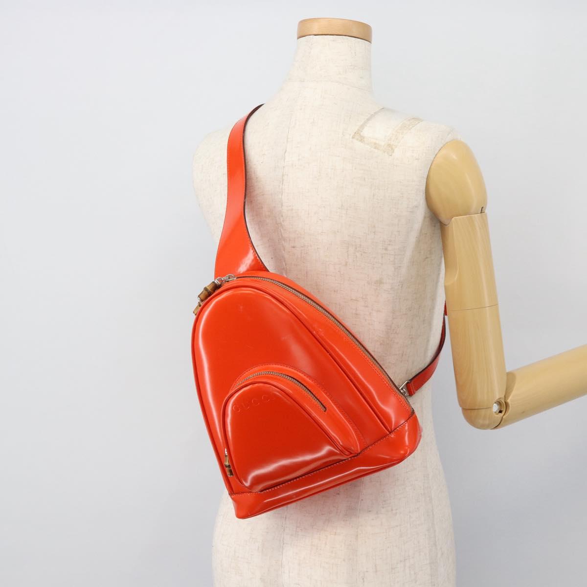 GUCCI Bamboo Shoulder Bag Patent leather Orange Silver Auth 181171