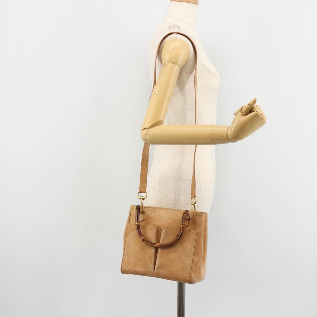 GUCCI Bamboo Hand Bag Suede 2way Beige Gold 000 1364 0316 Auth 181173