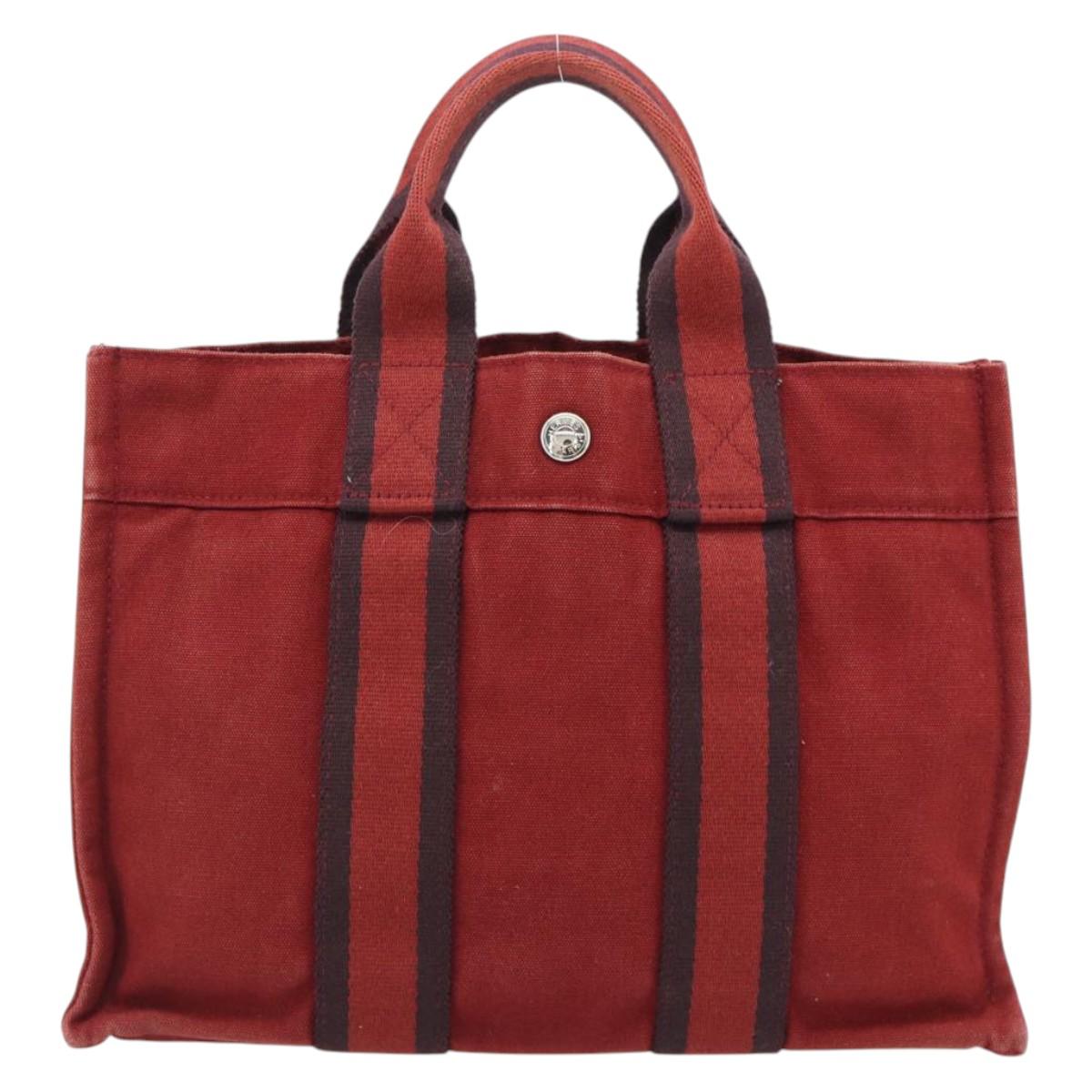 HERMES Fourre Tout PM Hand Bag Canvas Red Navy Silver Auth 181180