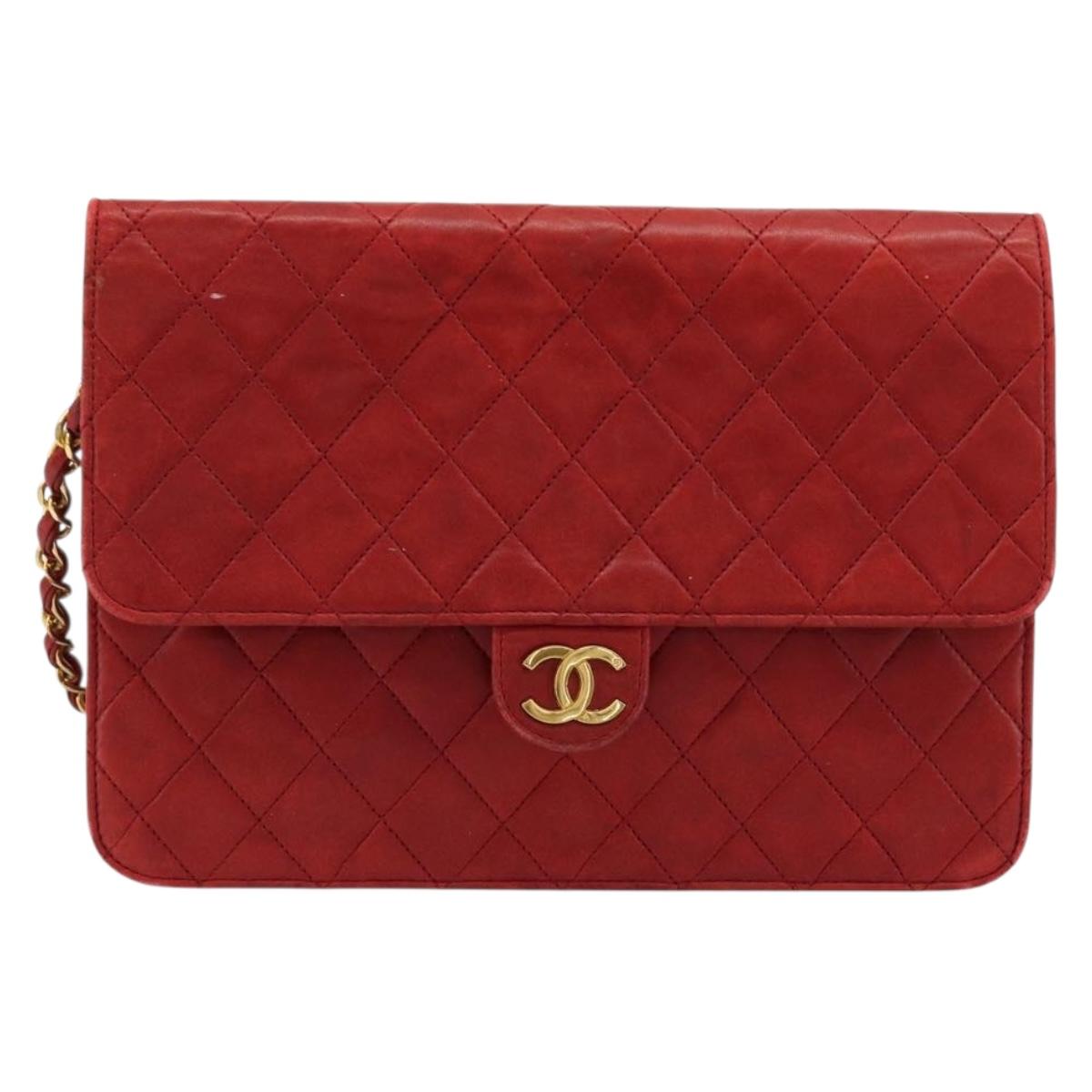 CHANEL Matelasse Chain Shoulder Bag Lamb Skin Red Gold CC Auth 181183