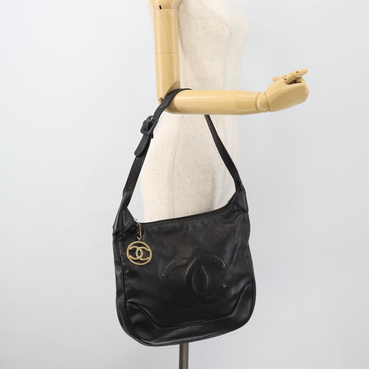 CHANEL Shoulder Bag Caviar Skin Black Gold CC Auth 181205A