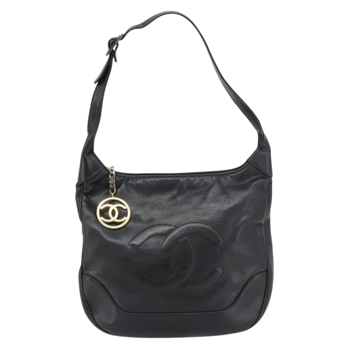CHANEL Shoulder Bag Caviar Skin Black Gold CC Auth 181205A