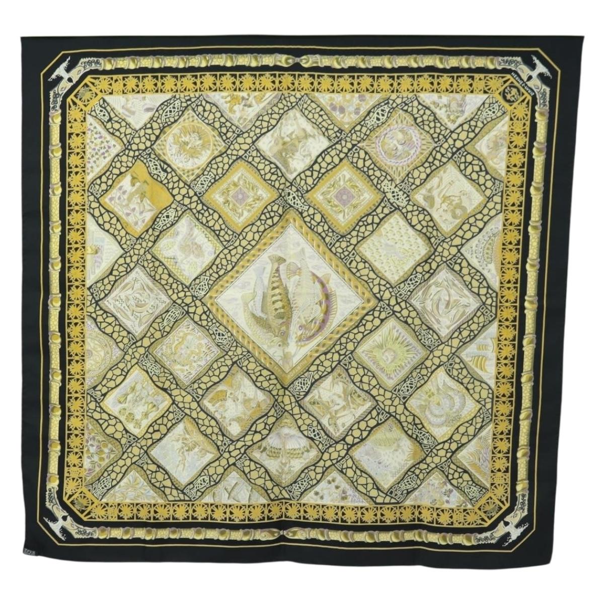 HERMES Carre 90 Scarf Silk ”MARE NOSTRUM” Black Auth 181284V