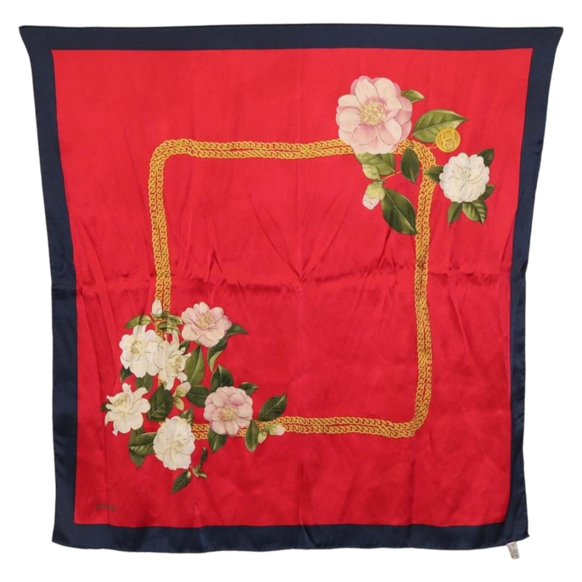 CHANEL Scarf Silk Red CC Auth 181285A