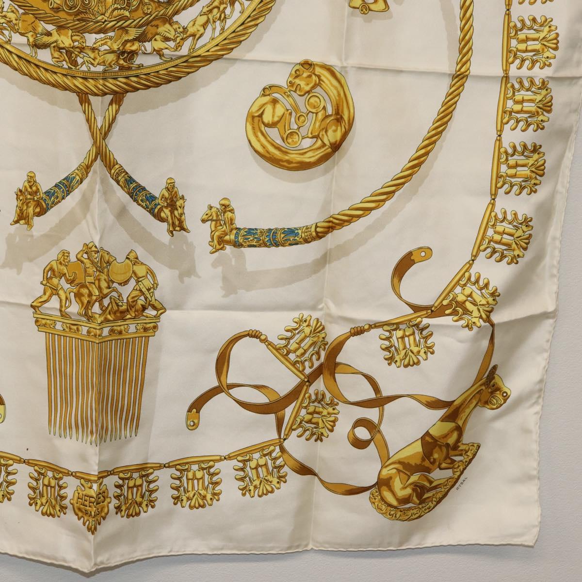 HERMES Carre 90 Scarf ""LES CAVALIERS D'OR"" Silk White Auth 181286