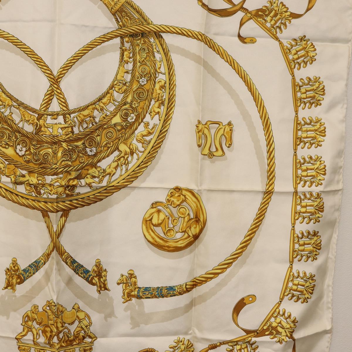HERMES Carre 90 Scarf ""LES CAVALIERS D'OR"" Silk White Auth 181286
