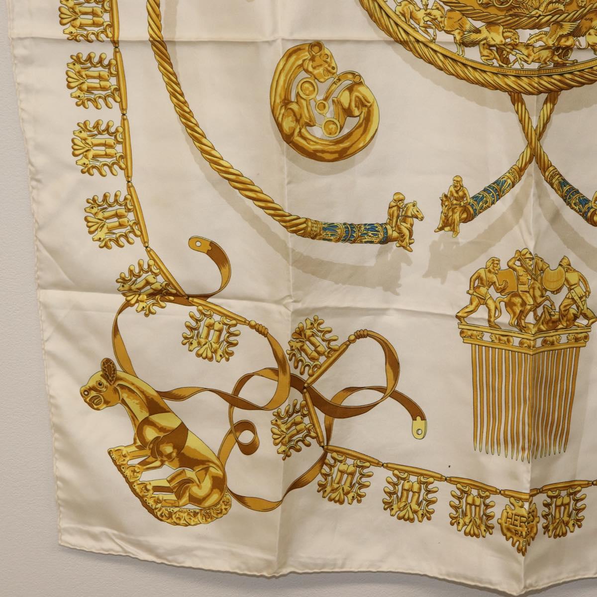 HERMES Carre 90 Scarf ""LES CAVALIERS D'OR"" Silk White Auth 181286