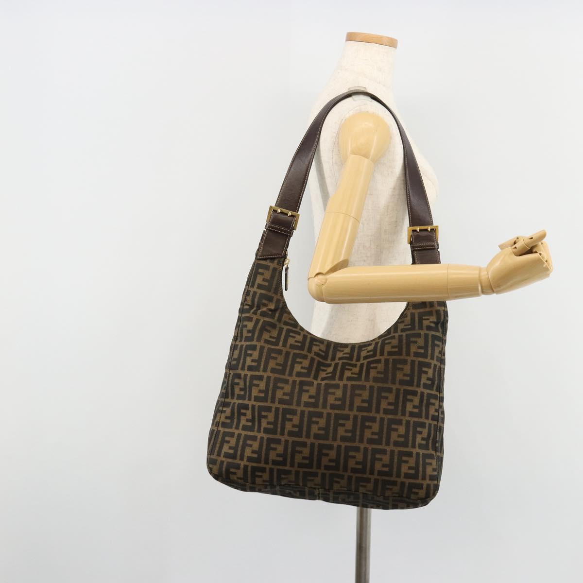 FENDI Zucca Canvas Shoulder Bag Black Brown Auth 181306A