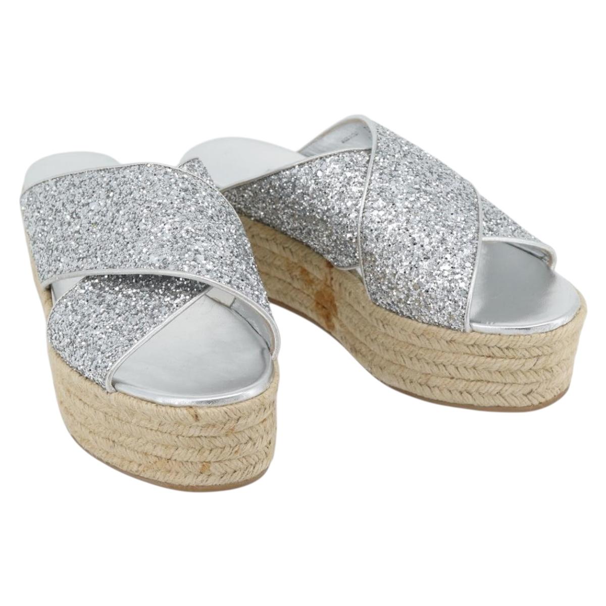 Miu Miu Glitter Sandals Raffia Silver Auth 181327A