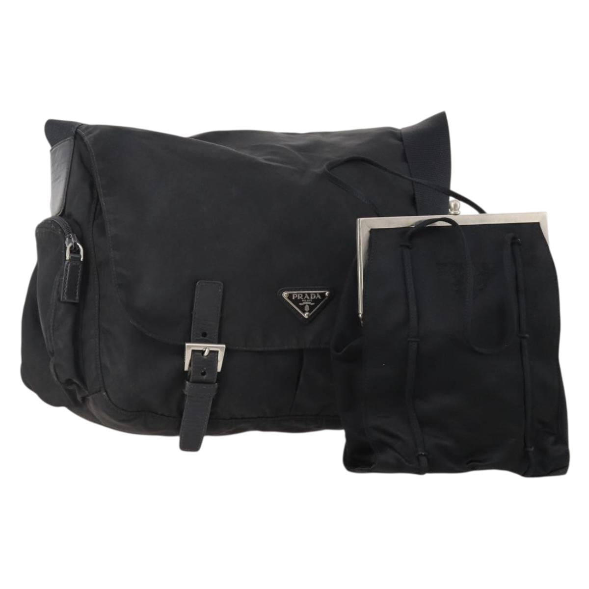 PRADA Shoulder Bag Nylon Suede 2 Set Black Silver Auth 181335
