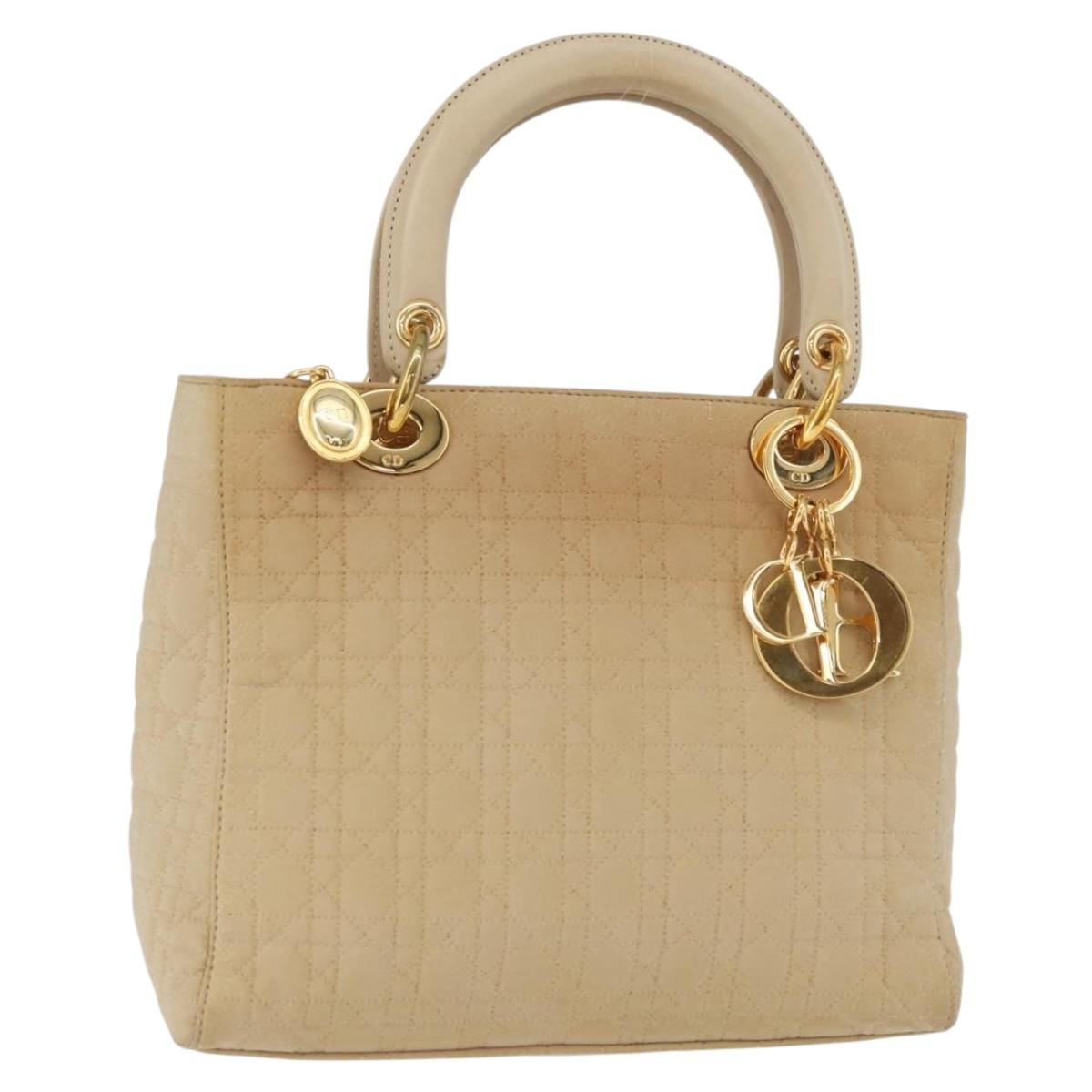Christian Dior Canage Lady Dior Hand Bag Nylon Beige Gold Auth 181360