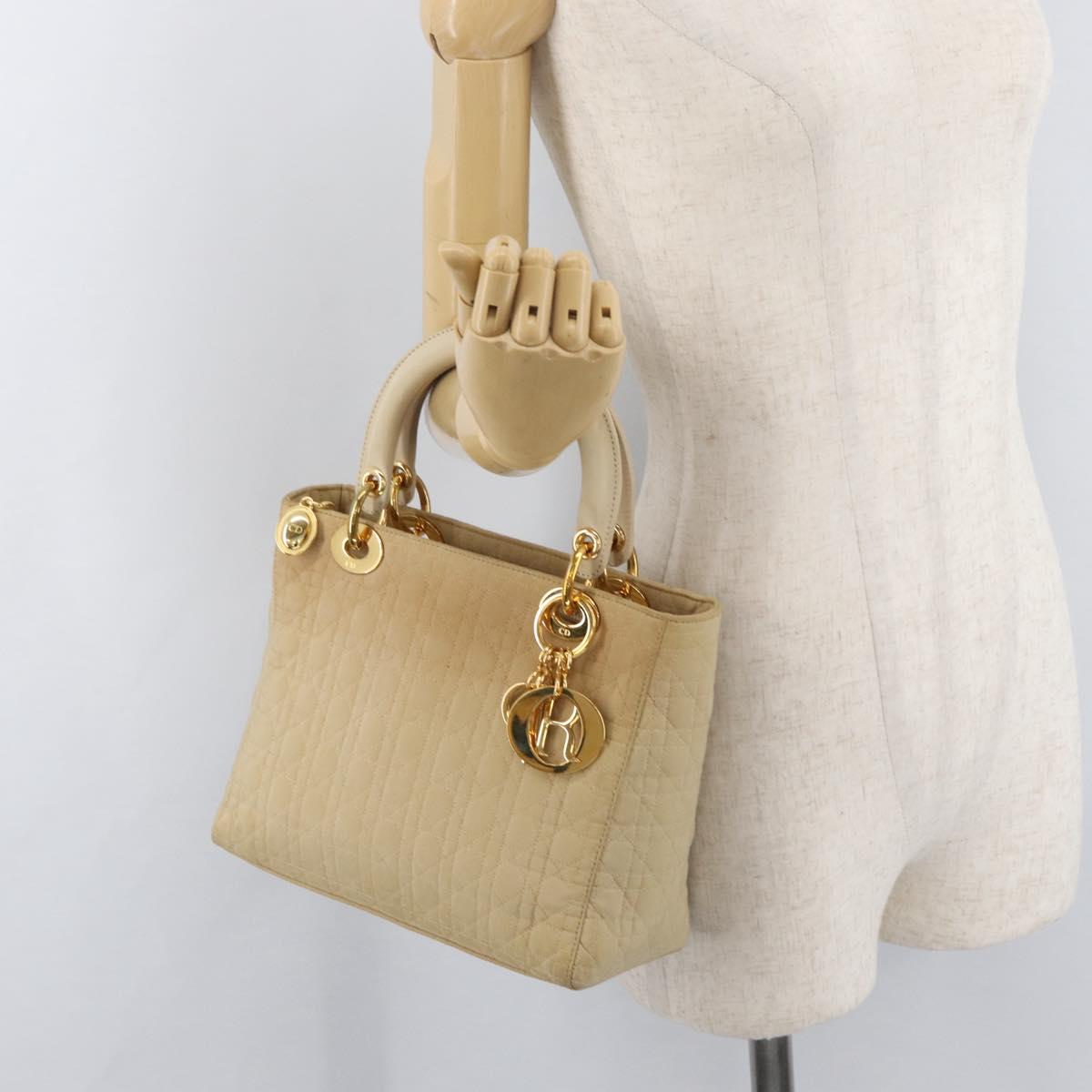 Christian Dior Canage Lady Dior Hand Bag Nylon Beige Gold Auth 181360