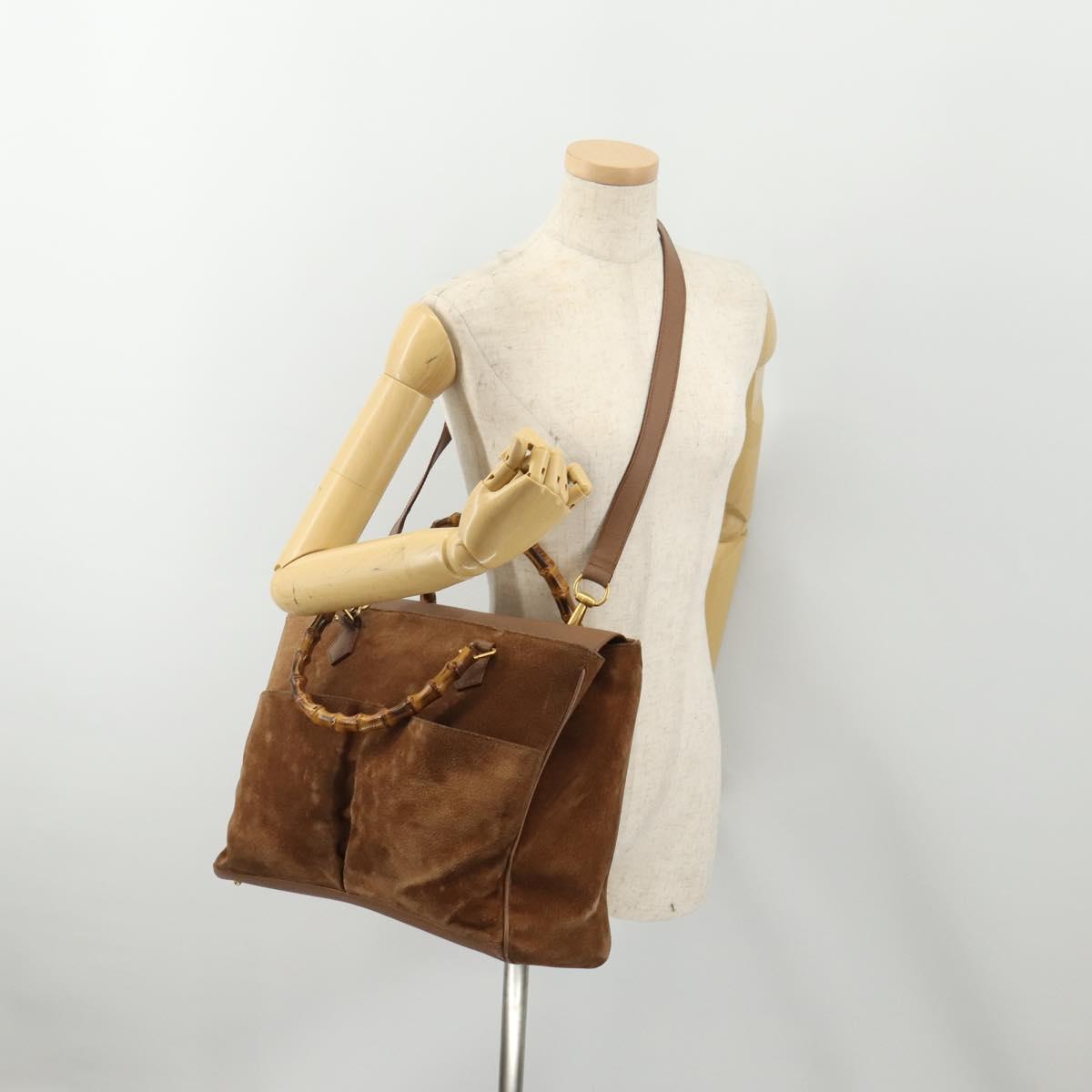 GUCCI Bamboo Hand Bag Suede 2way Brown Gold 002 123 0322 Auth 181361