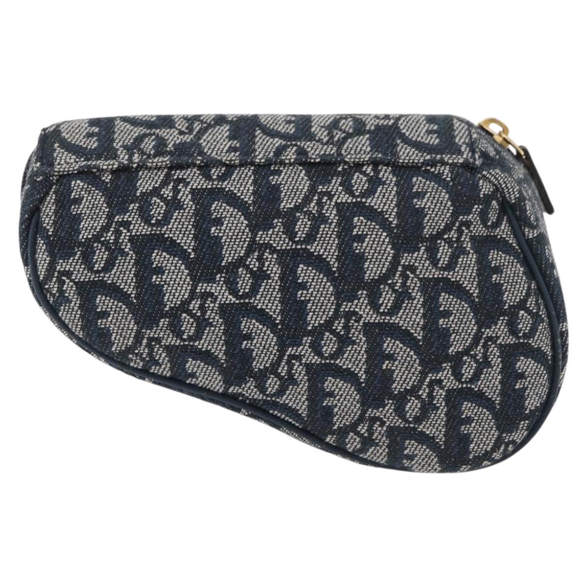 Christian Dior Trotter Canvas Saddle Pouch Navy Gold Auth 181372A