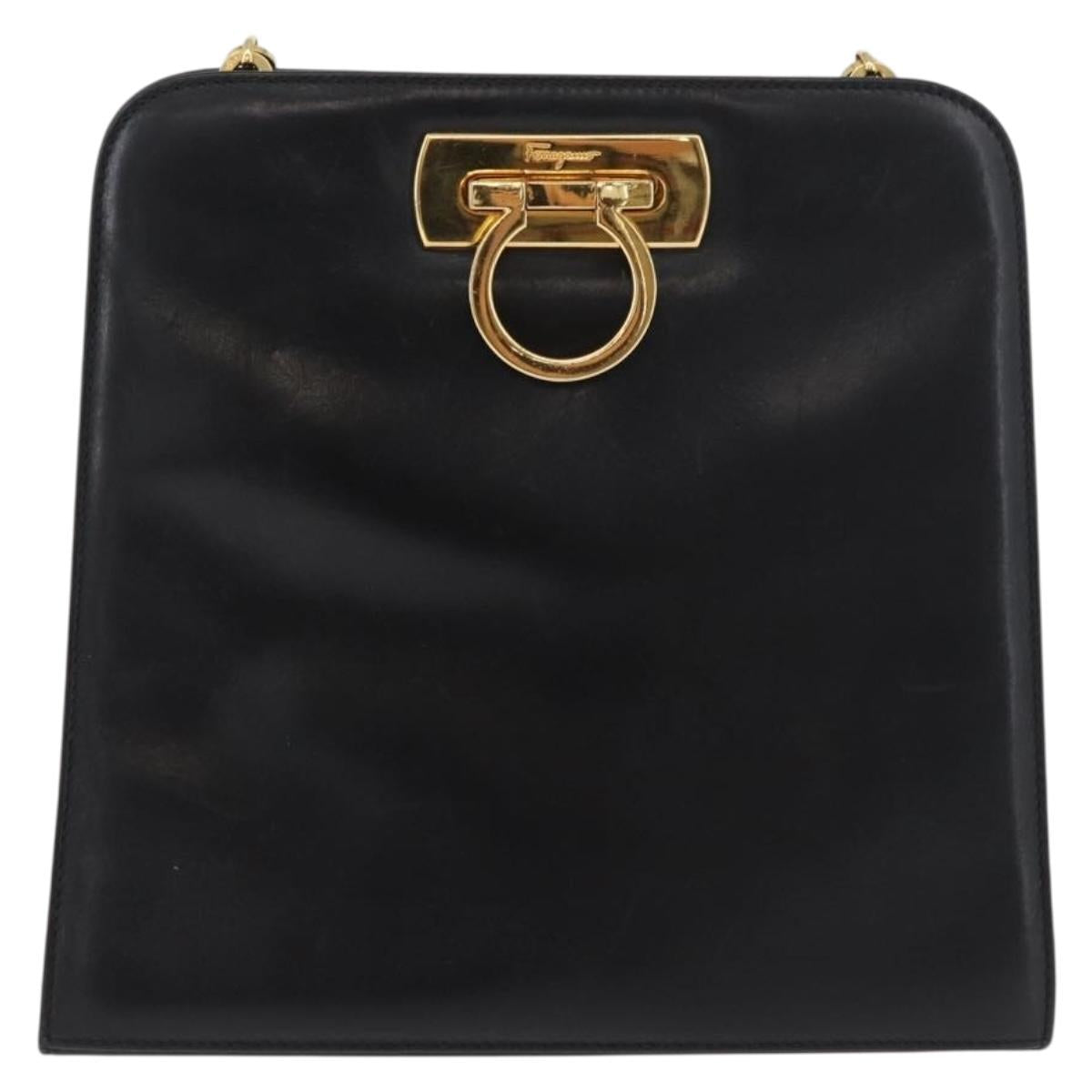 Salvatore Ferragamo Gancini Shoulder Bag Leather Black Gold Auth 181384