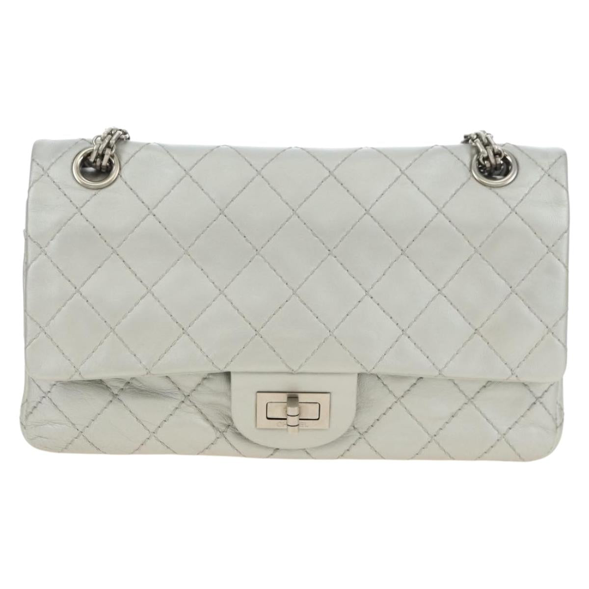 CHANEL 2.55 Chain Shoulder Bag Lamb Skin Silver CC Auth 181385SAM