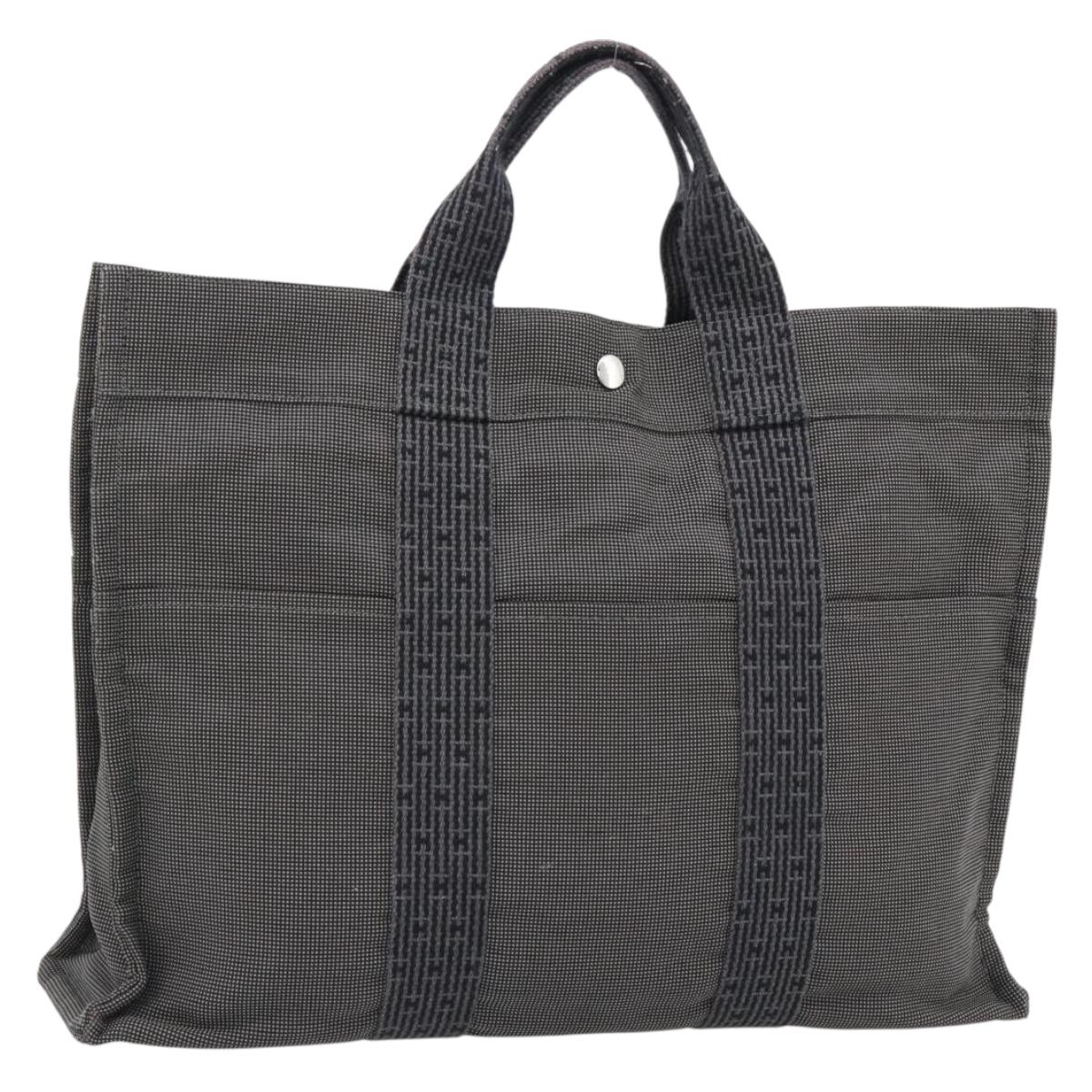 HERMES Her Line MM Hand Bag Canvas Gray Silver Auth 181392