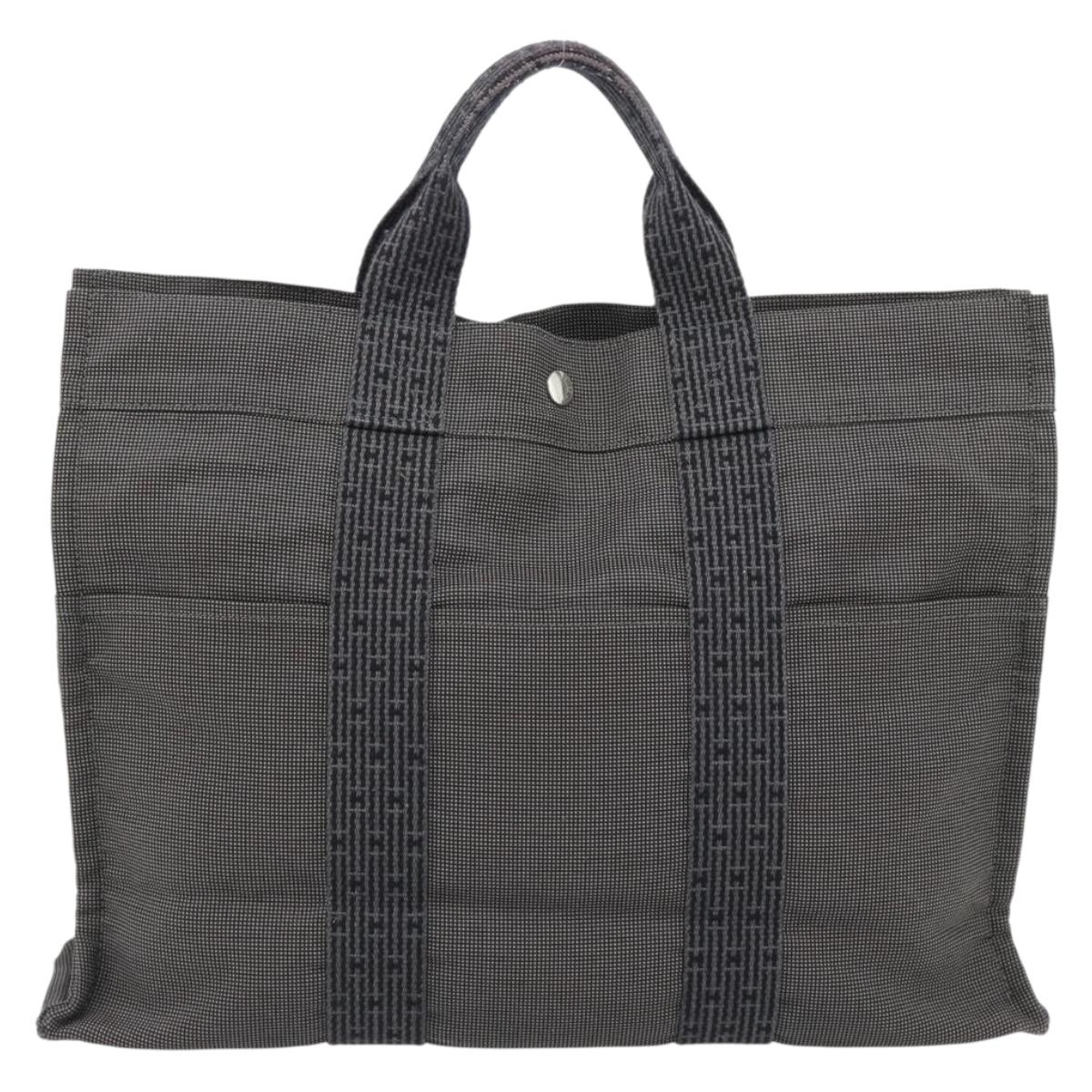 HERMES Her Line MM Hand Bag Canvas Gray Silver Auth 181392