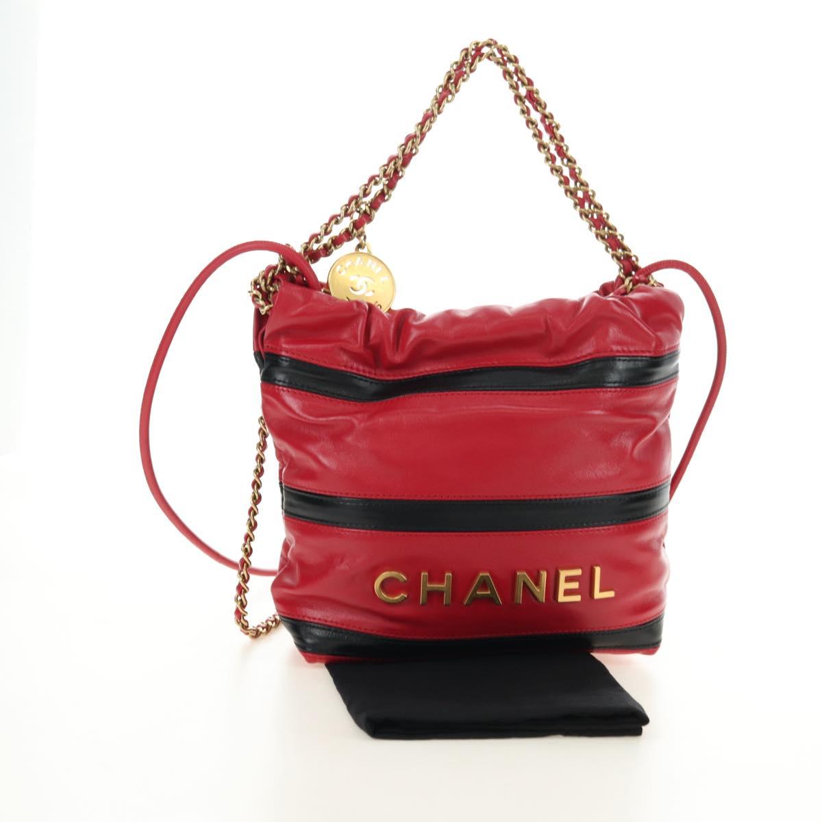 CHANEL Chain Chanel 22 Mini Bag Lamb Skin 2way Red Gold CC Auth 181415SM