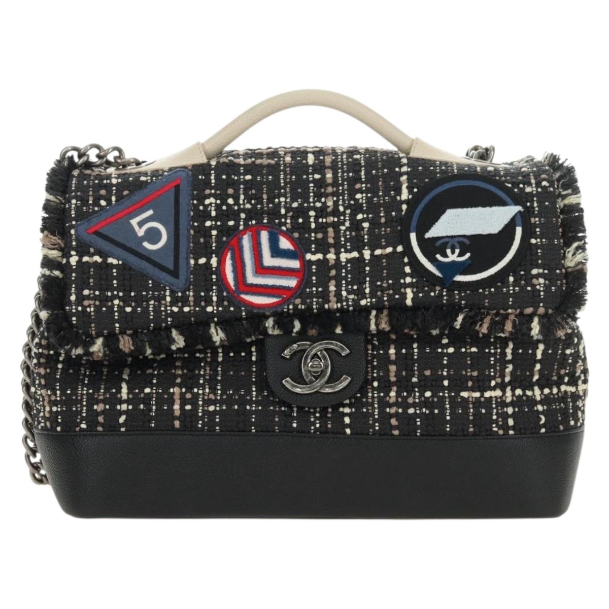 CHANEL Airline Chain Shoulder Bag Tweed 2way Black Silver CC Auth 181416SM