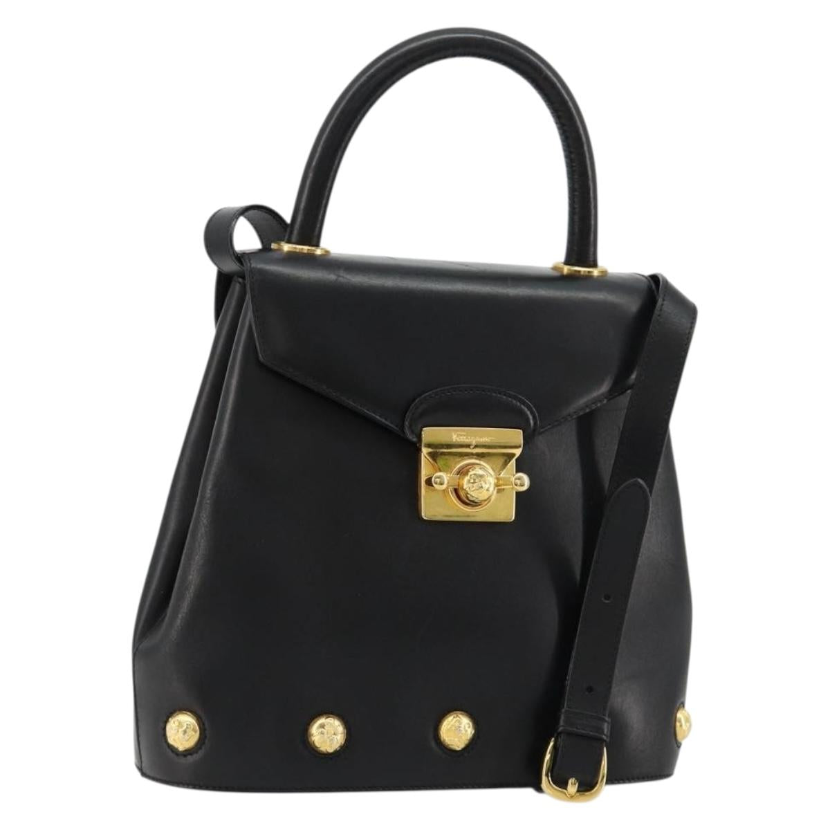 Salvatore Ferragamo Gancini Hand Bag Leather 2way Black Gold Auth 181422A