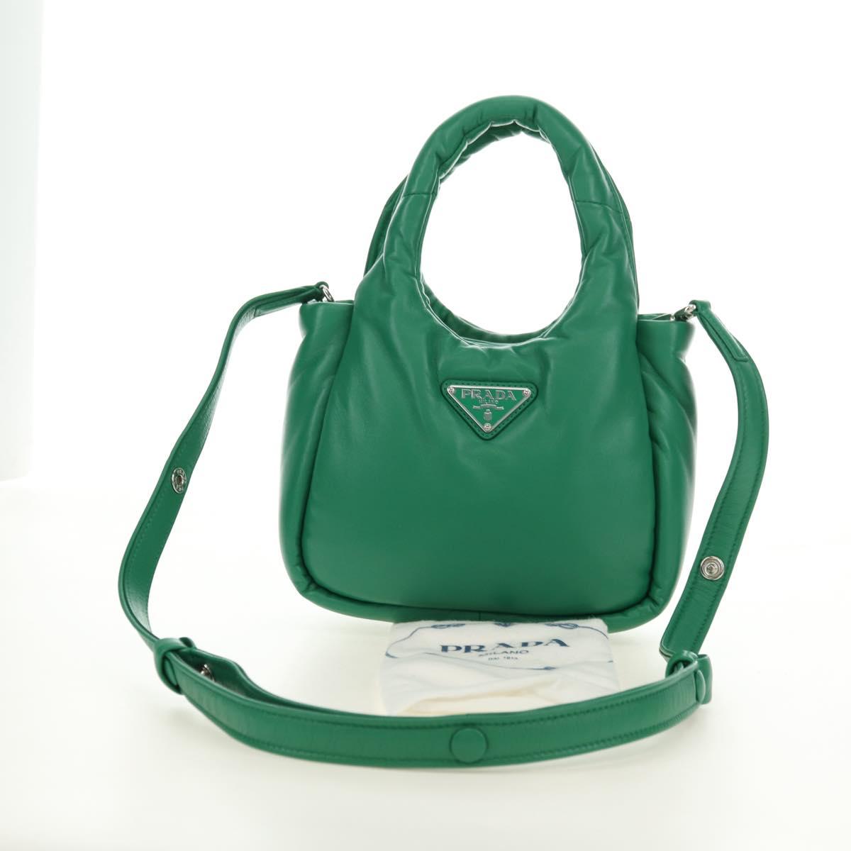 PRADA Hand Bag Leather 2way Green Silver Auth 181442SM